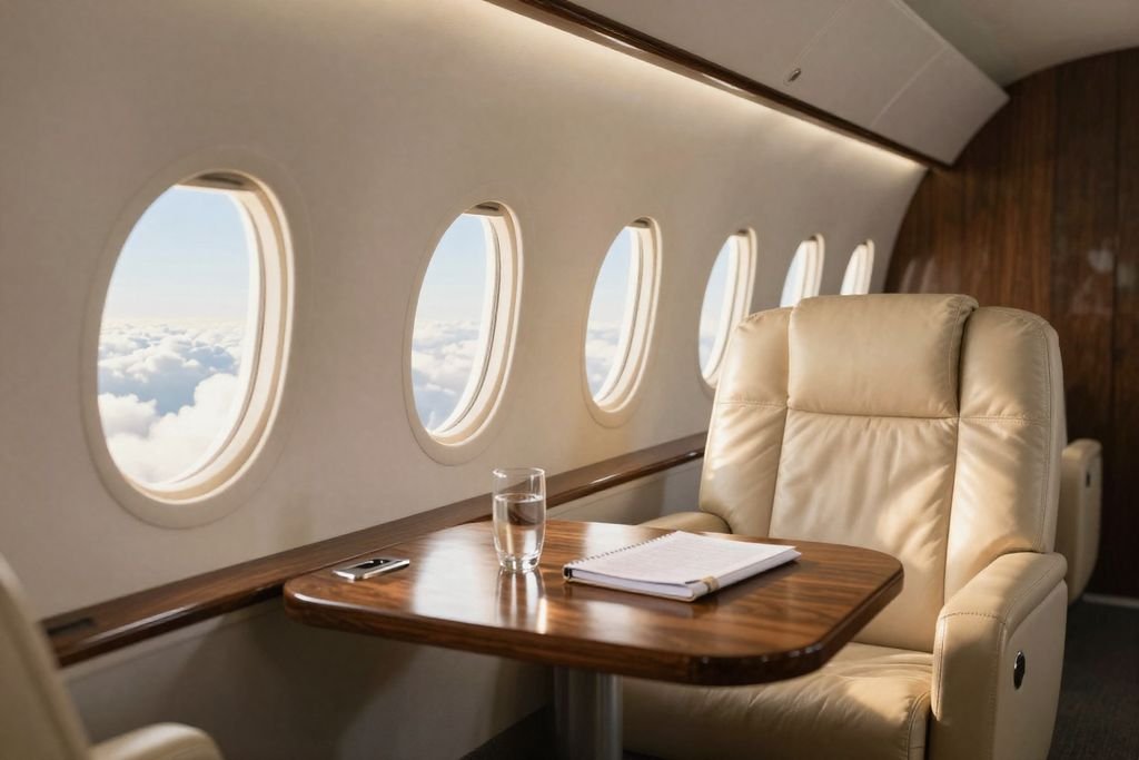 A private jet cabin with cream leather seats above the clouds (AI illustration)